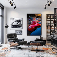 Ferrari F40 and Classic Sports Cars art displayed in a modern interior with colorful car photographs.