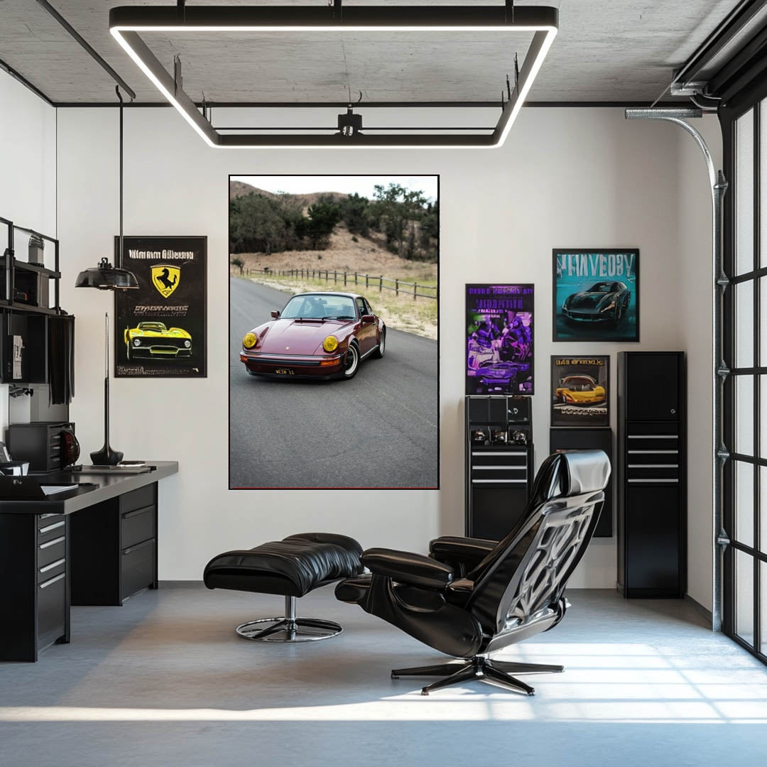 Classic Porsche 911 in California Light art displayed in a modern office with sleek furniture and car-themed decor.