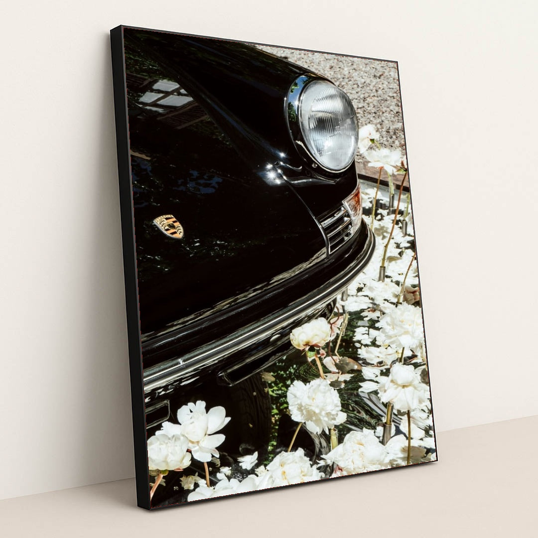 Classic Porsche Among White Peonies by Justus Menke - Black Frame Stretchiez