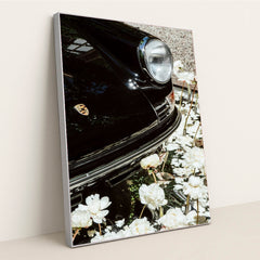 Classic Porsche Among White Peonies by Justus Menke - Silver Frame Stretchiez