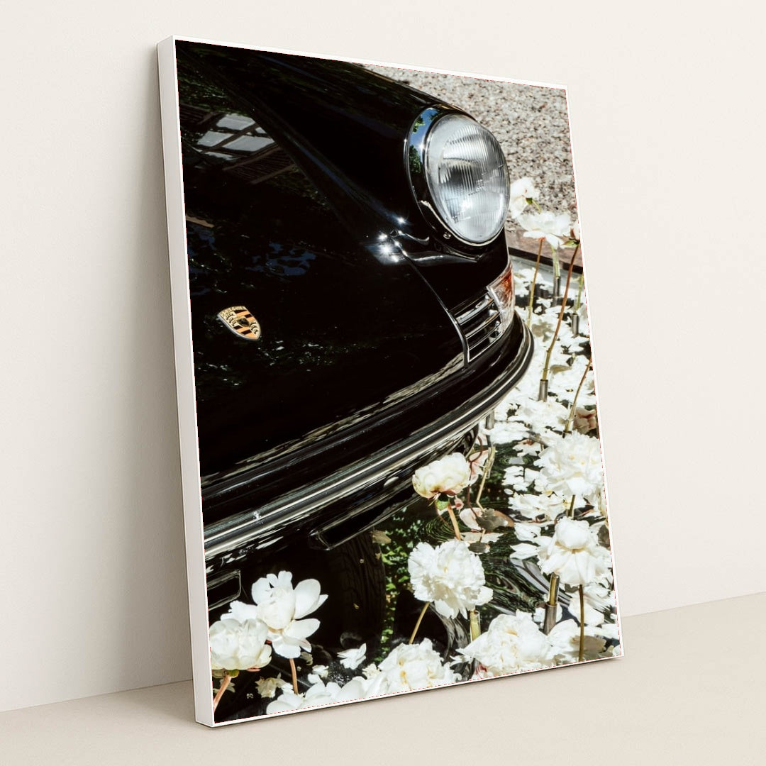 Classic Porsche Among White Peonies by Justus Menke - White Frame Stretchiez