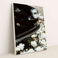 Classic Porsche Among White Peonies by Justus Menke - White Frame Stretchiez