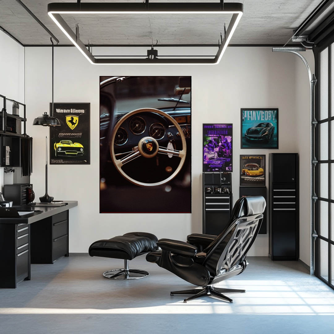 A Peek Inside the Porsche 356, showcasing the steering wheel and dashboard as car wall art in a stylish workspace.