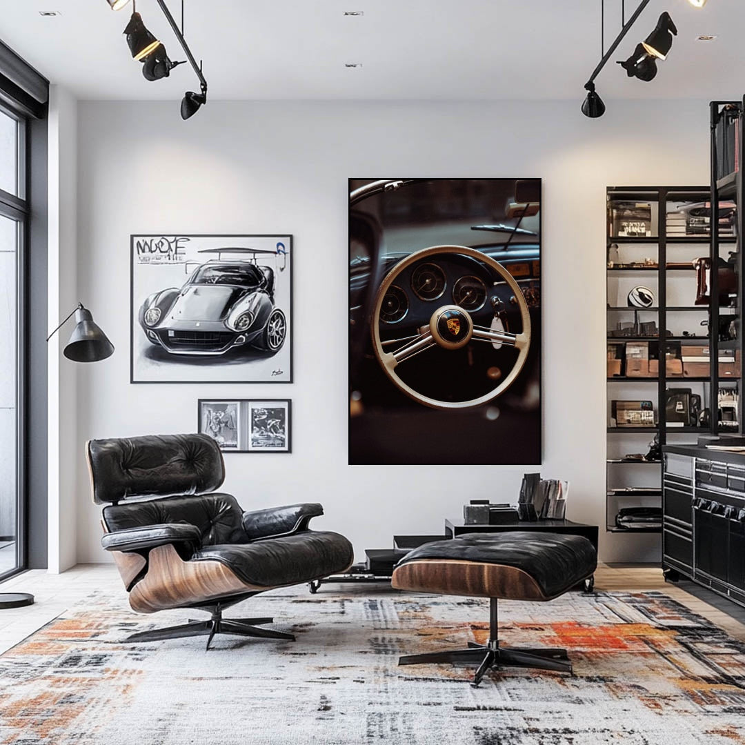 A Peek Inside the Porsche 356 car wall art showcasing the steering wheel and dashboard in a stylish interior.