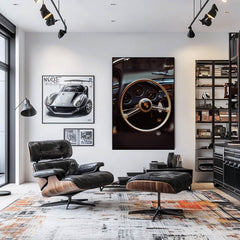 A Peek Inside the Porsche 356 car wall art showcasing the steering wheel and dashboard in a stylish interior.