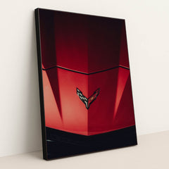 Close-Up of a Red Corvette Hood by Marcel Strauß - Black Frame Stretchiez