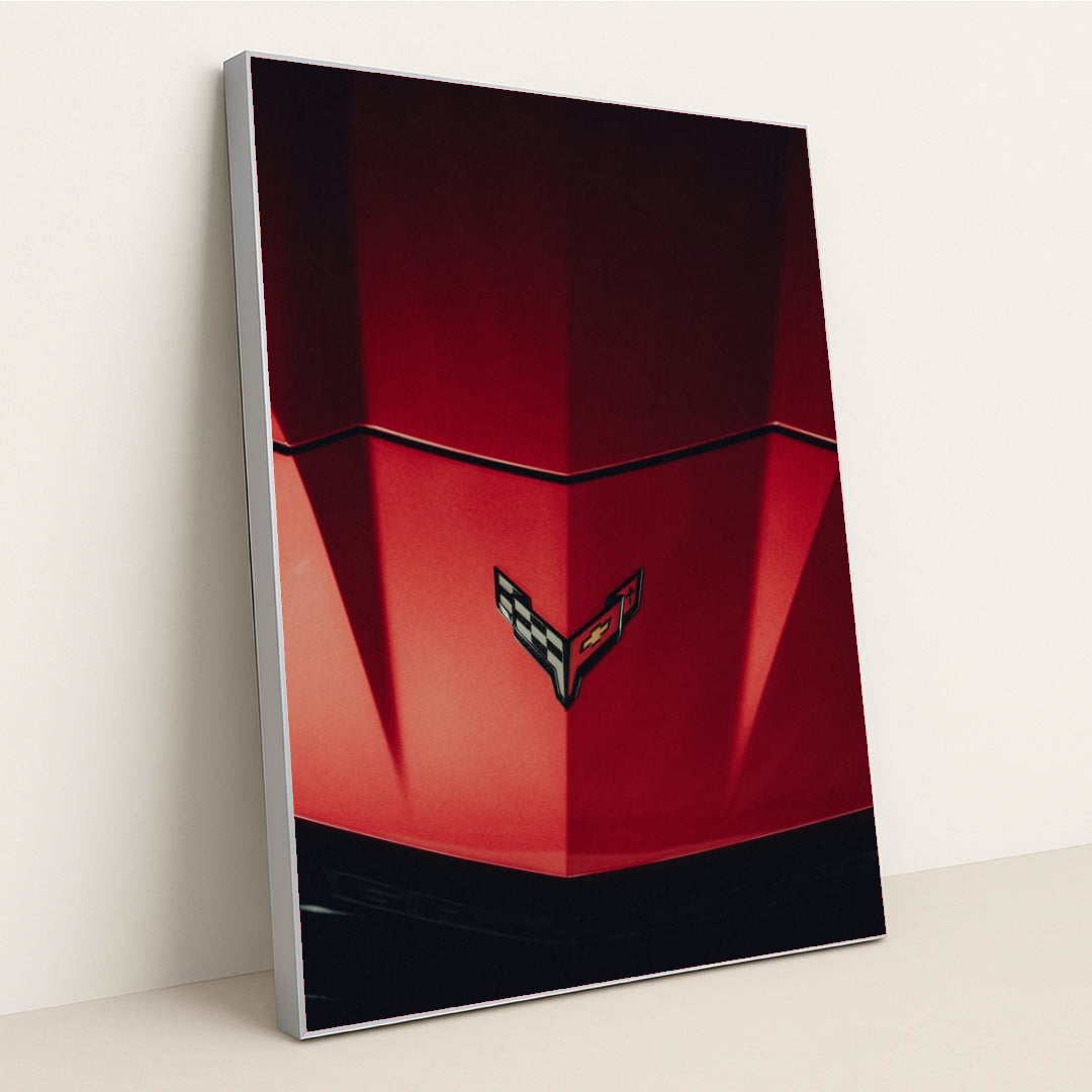 Close-Up of a Red Corvette Hood by Marcel Strauß - Silver Frame Stretchiez