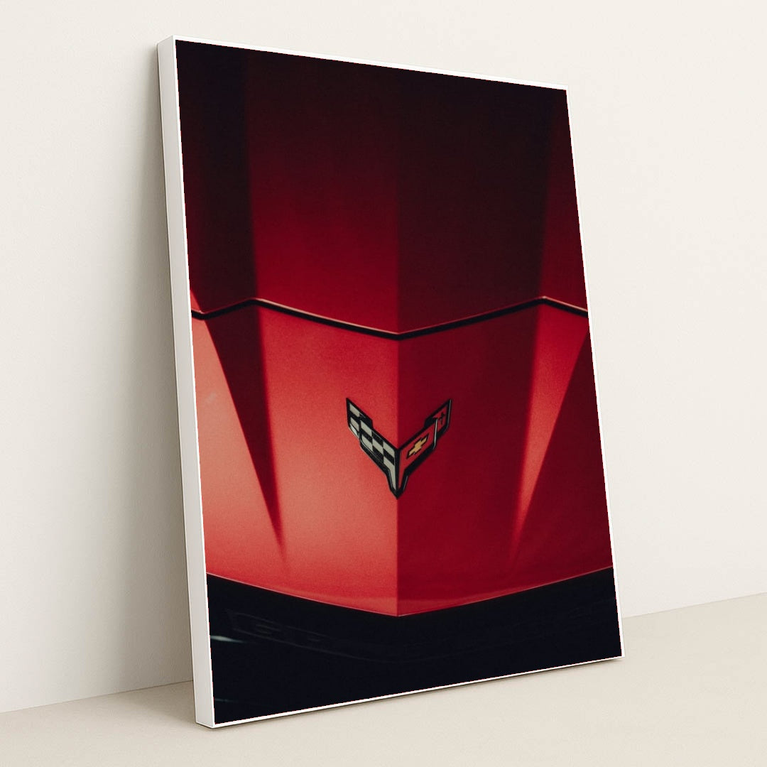 Close-Up of a Red Corvette Hood by Marcel Strauß - White Frame Stretchiez