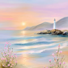 This artwork features a pastel seascape at sunset with a lighthouse on rocky cliffs and pink wildflowers.