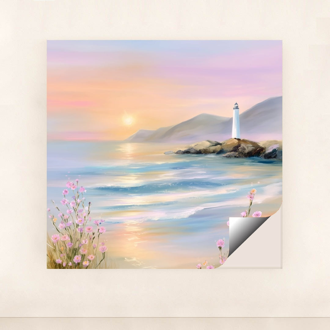 This artwork features a pastel seascape at sunset with a lighthouse on rocky cliffs and pink wildflowers, unframed.