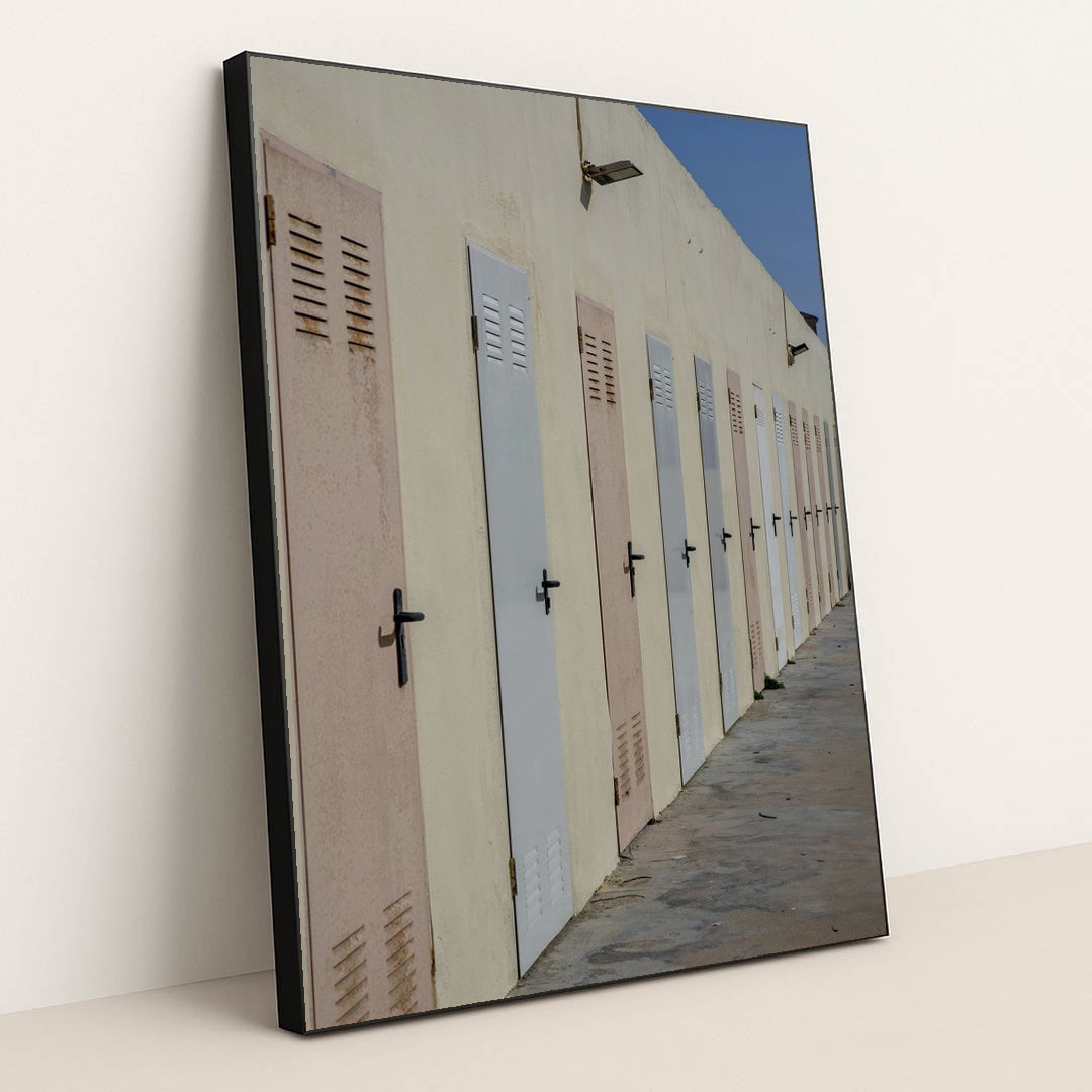 Colorful Beach Changing Room Doors by Victor Moragriega - Black Frame Stretchiez