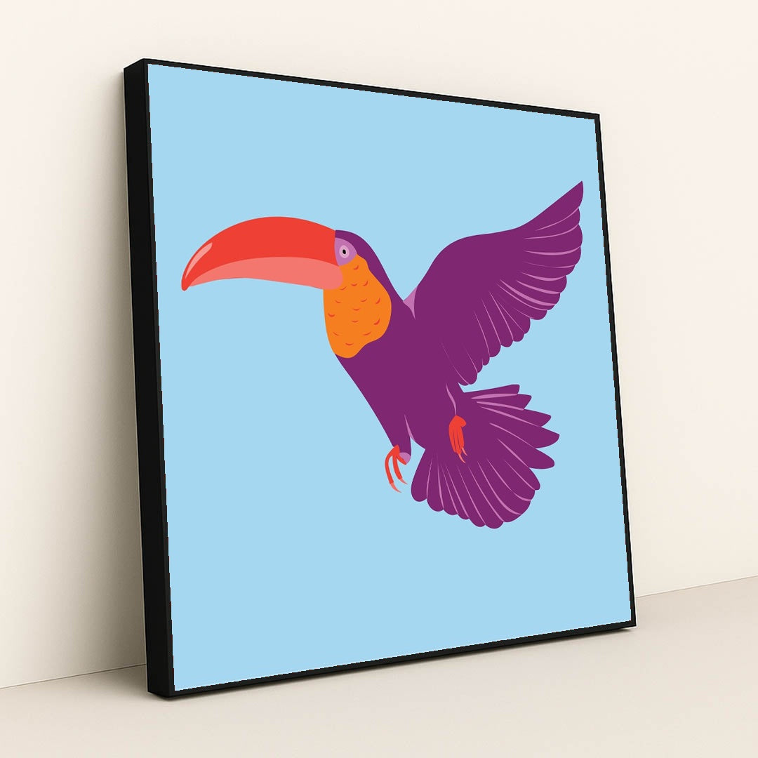 Colorful Bird in Blue Sky by Luisa Roth - Black Frame Stretchiez