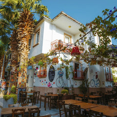 IMDAT AKG - Cozy outdoor caf√© with artistic murals and palm trees in Balƒ±kesir, Turkey.