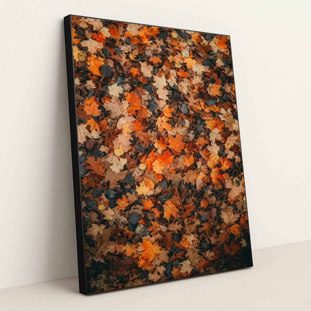 Colorful Fallen Maple and Oak Leaves on Forest Floor by Hans - Black Frame Stretchiez