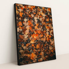 Colorful Fallen Maple and Oak Leaves on Forest Floor by Hans - Black Frame Stretchiez