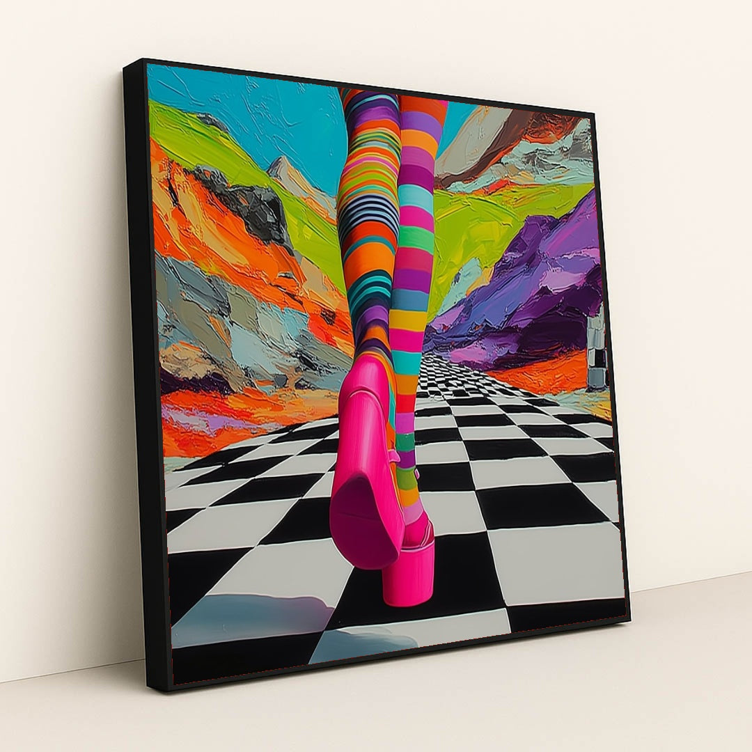 This artwork shows legs in colorful striped tights and hot pink platform shoes on a checkered path with a surreal, painted mountain background, in a black frame.