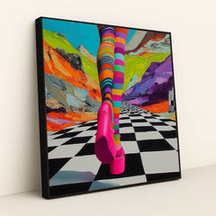 This artwork shows legs in colorful striped tights and hot pink platform shoes on a checkered path with a surreal, painted mountain background, in a black frame.