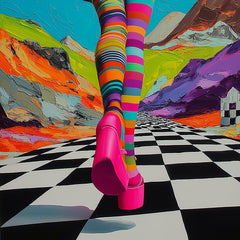 This artwork shows legs in colorful striped tights and hot pink platform shoes on a checkered path with a surreal, painted mountain background.