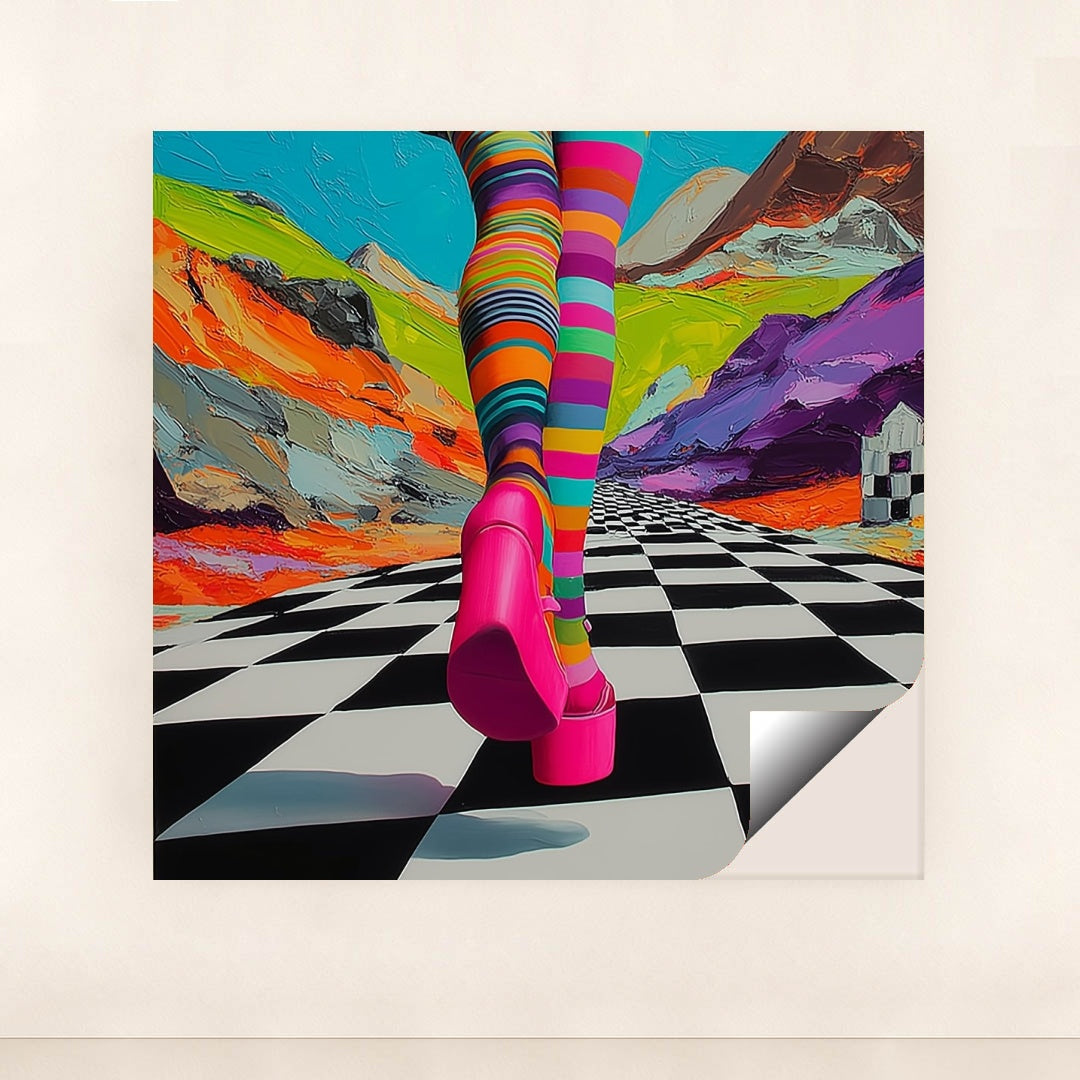 This artwork shows legs in colorful striped tights and hot pink platform shoes on a checkered path with a surreal, painted mountain background, unframed.