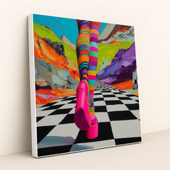 This artwork shows legs in colorful striped tights and hot pink platform shoes on a checkered path with a surreal, painted mountain background, in a white frame.