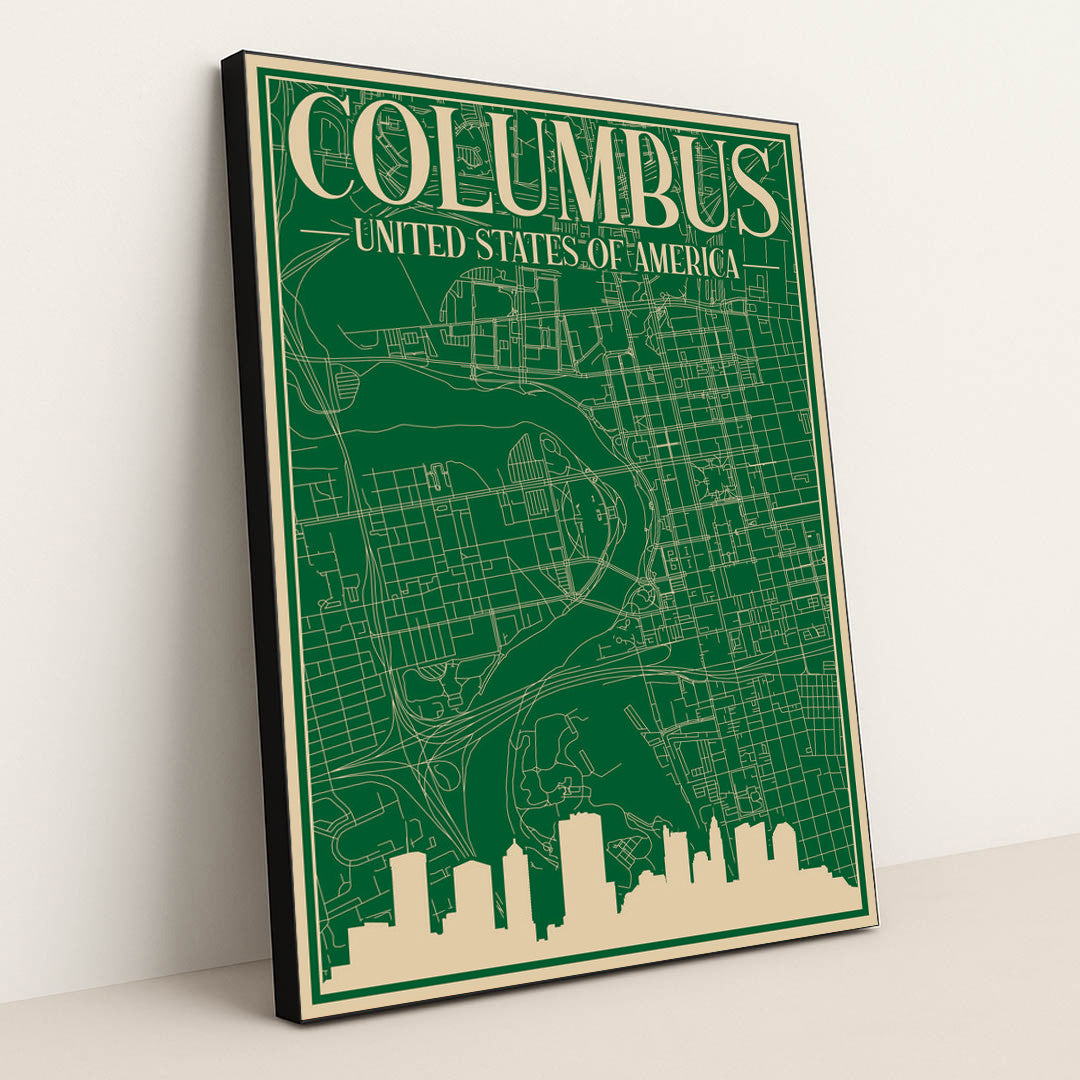 Blueprint of Downtown Columbus Cityscape by Anonymous - Black Frame Stretchiez