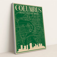 Blueprint of Downtown Columbus Cityscape by Anonymous - Silver Frame Stretchiez