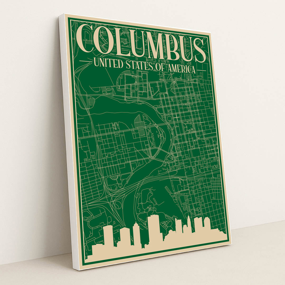 Blueprint of Downtown Columbus Cityscape by Anonymous - White Frame Stretchiez