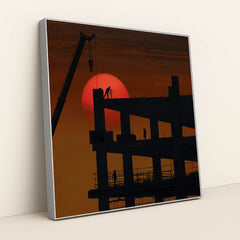 Sunset Silhouette of a Construction Site by 大伟 - Silver Frame Stretchiez