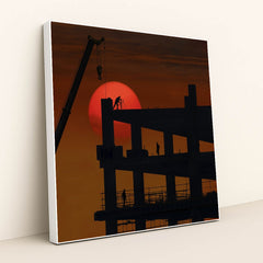 Sunset Silhouette of a Construction Site by 大伟 - White Frame Stretchiez