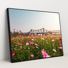 Cosmos Field Beneath the Iron Bridge by Ryan Le - Black Frame Stretchiez