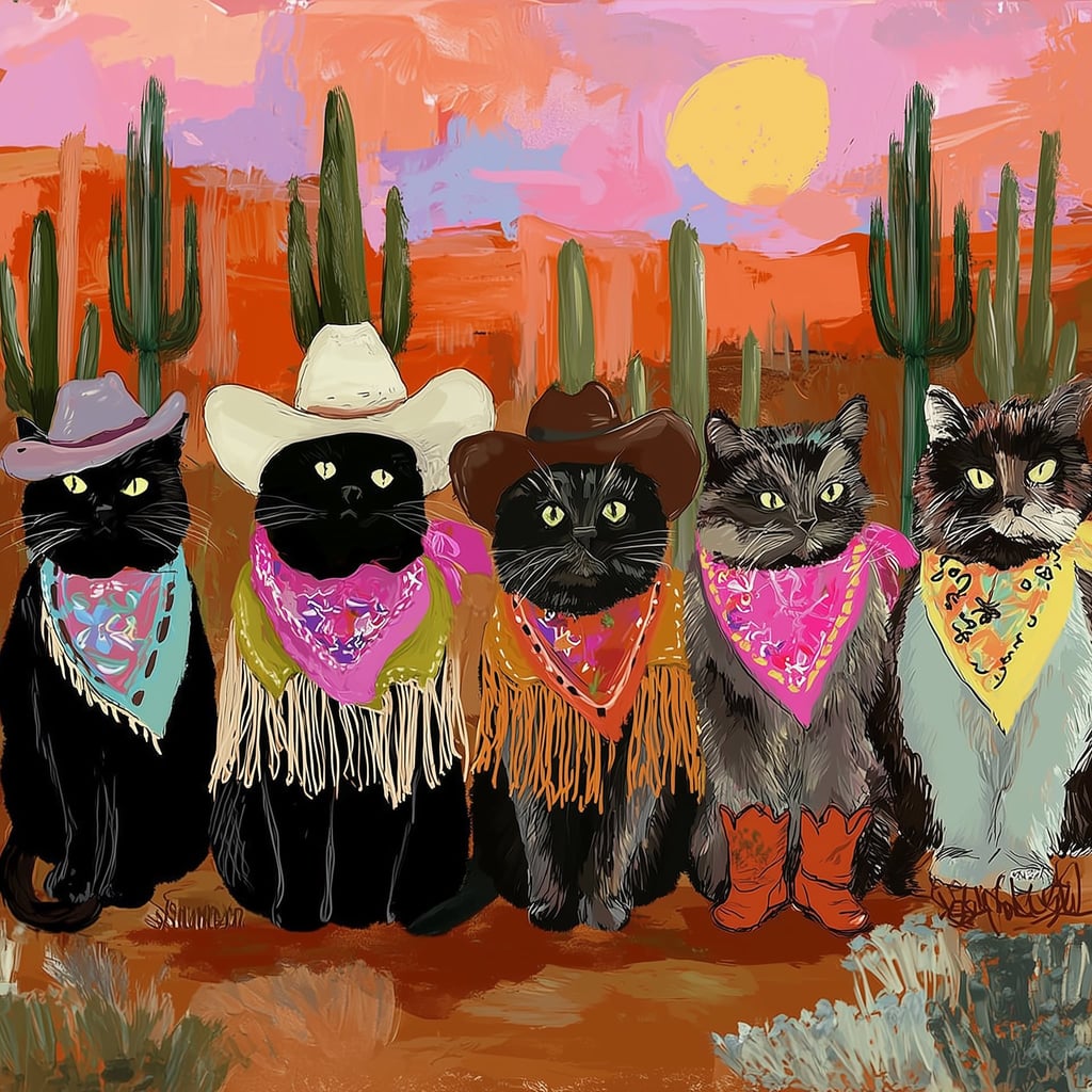 This artwork shows five cats in cowboy hats, bandanas, and boots posing in a colorful desert sunset scene with cacti, unframed.