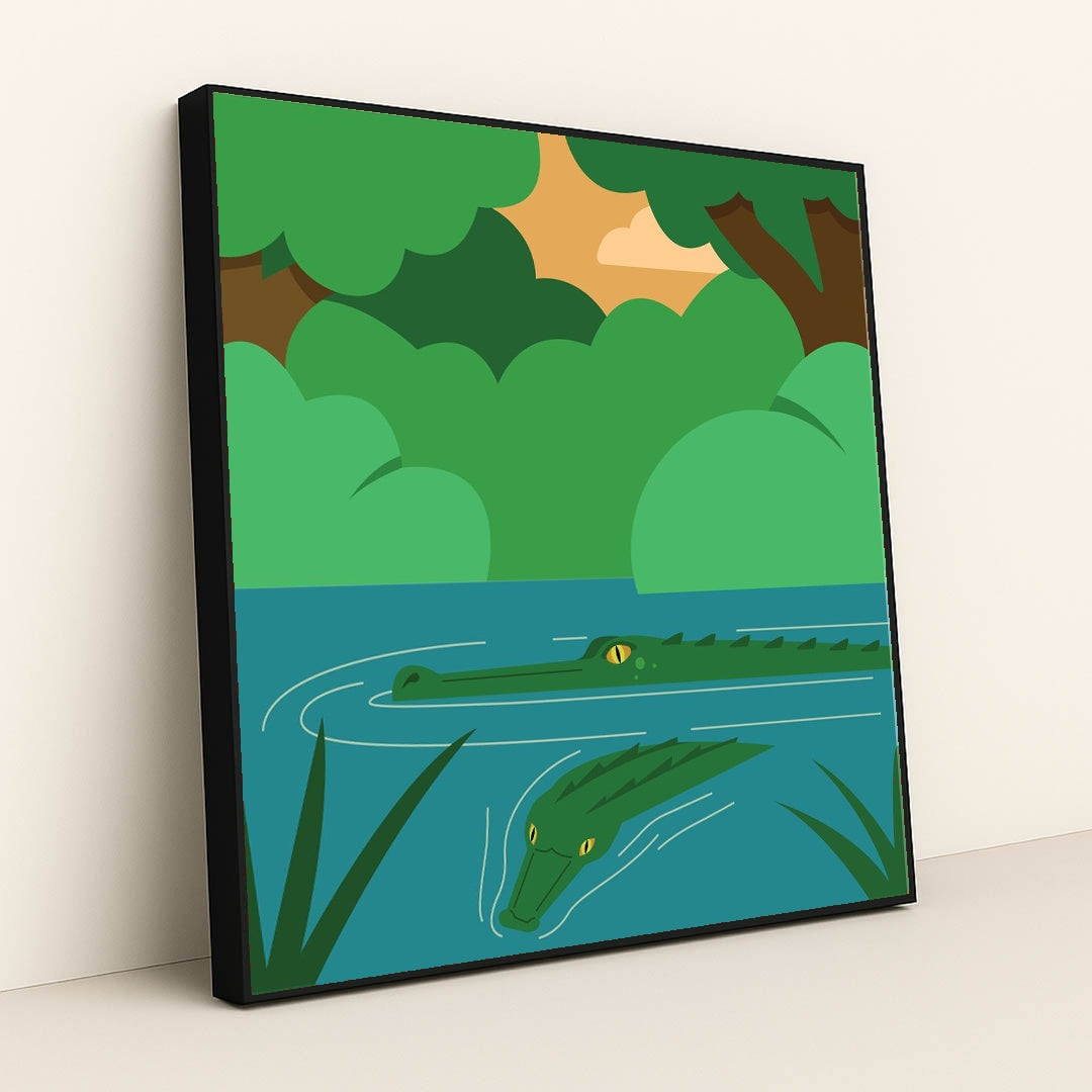 Crocodile Swimming in River Poster by Arturo Portillo - Black Frame Stretchiez