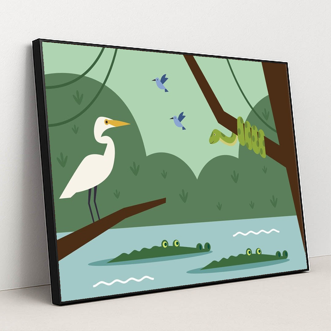 Cocodriles, birds and a snake on a branch by Andania Humaira - Black Frame Stretchiez