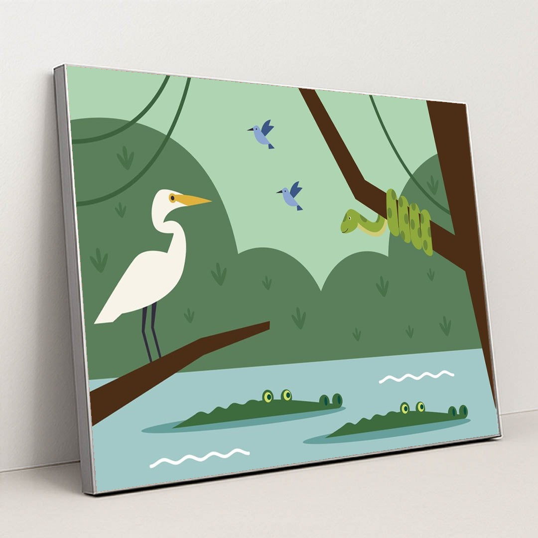Cocodriles, birds and a snake on a branch by Andania Humaira - Silver Frame Stretchiez