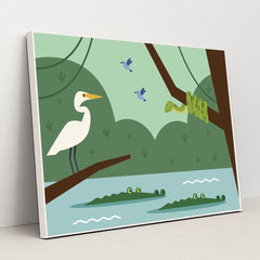 Cocodriles, birds and a snake on a branch by Andania Humaira - White Frame Stretchiez