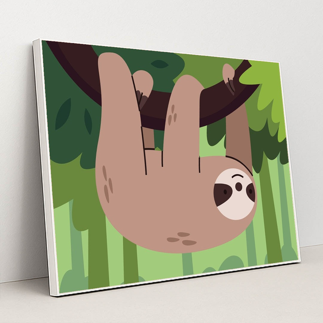 Cute Sloth Hanging in on a Branch by Andania Humaira - White Frame Stretchiez