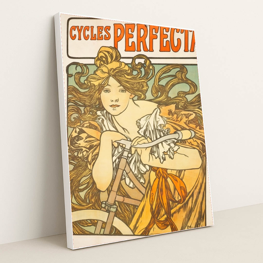 Cycles Perfecta (1897) by Alphonse Mucha - White Frame Stretchiez