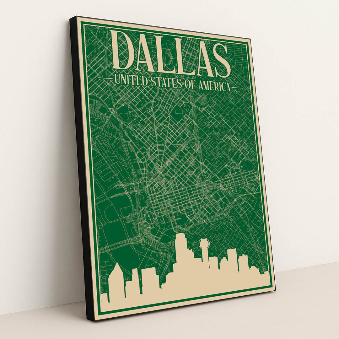 Dallas Downtown Urban Blueprint Map by Anonymous - Black Frame Stretchiez