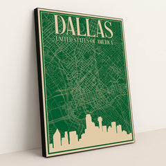 Dallas Downtown Urban Blueprint Map by Anonymous - Black Frame Stretchiez