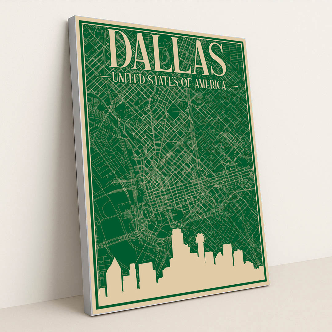 Dallas Downtown Urban Blueprint Map by Anonymous - Silver Frame Stretchiez