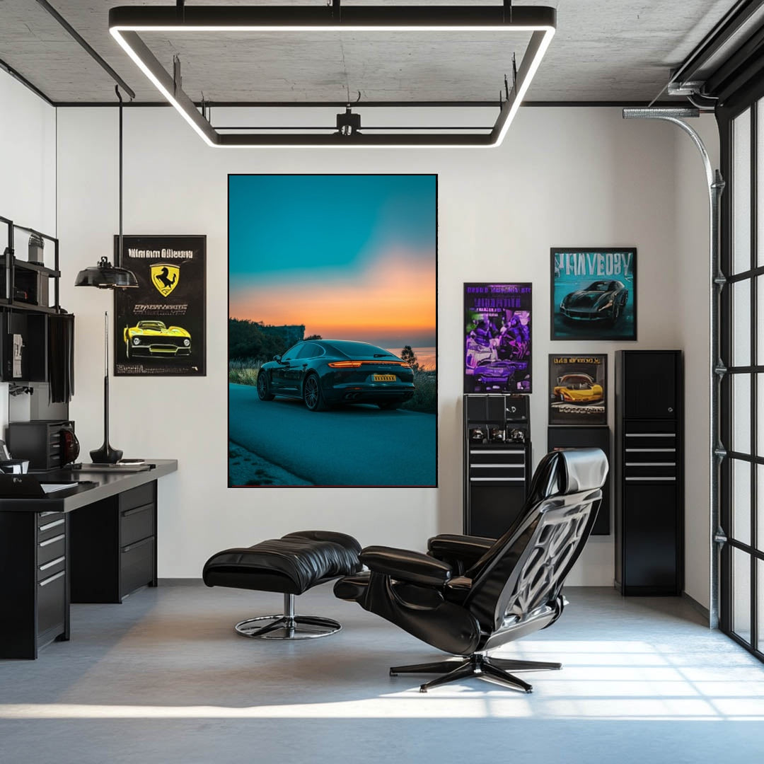 Porsche Panamera at Dusk on the Coast featured as car wall art in a modern office setting with posters.