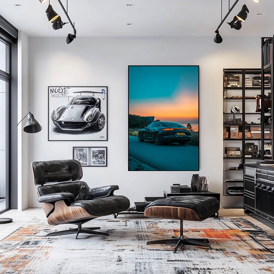 Porsche Panamera at Dusk on the Coast showcased in a stylish living room as wall art, highlighting coastal colors and modern design.