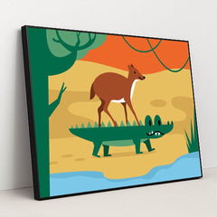 Deer and Crocodile Encounter by Silverfork Studio - Black Frame Stretchiez