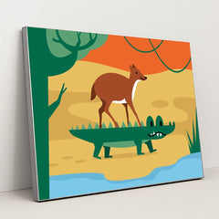 Deer and Crocodile Encounter by Silverfork Studio - Silver Frame Stretchiez