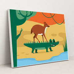 Deer and Crocodile Encounter by Silverfork Studio - White Frame Stretchiez