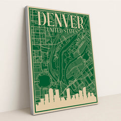 Denver Urban Blueprint City Map by Anonymous - Silver Frame Stretchiez