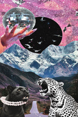 This artwork shows a surreal collage of a jeweled hand holding a disco ball, starry sky, soaring birds, snowy mountains, and two leopards, unframed.