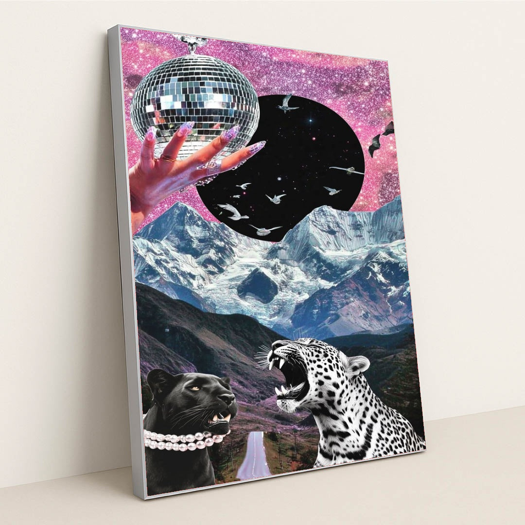 This artwork shows a surreal collage of a jeweled hand holding a disco ball, starry sky, soaring birds, snowy mountains, and two leopards, in a silver frame.
