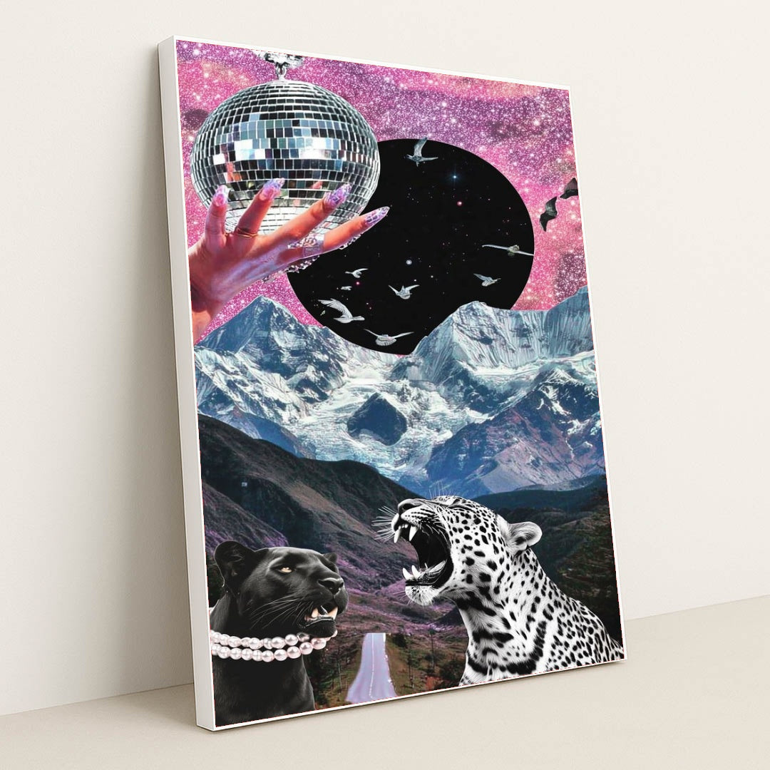 This artwork shows a surreal collage of a jeweled hand holding a disco ball, starry sky, soaring birds, snowy mountains, and two leopards, in a white frame.