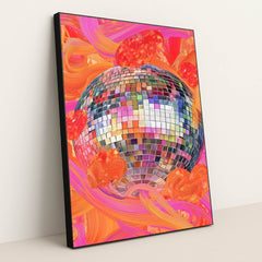 This artwork shows a vibrant disco ball with colorful tiles, orange and pink swirling brushstrokes, and abstract hearts, in a black frame.